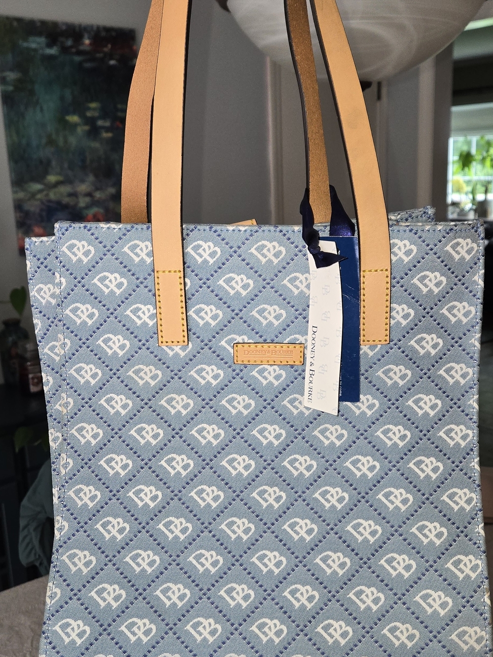 NWT Dooney & Bourke Blue Logo-Print Tote with Tan Handles